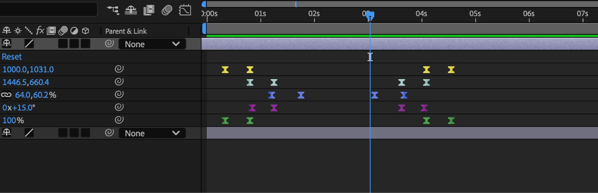 Timeline of a composition that has keyframes spread across multiple layers. These keyframes have been copied and pasted in reverse.