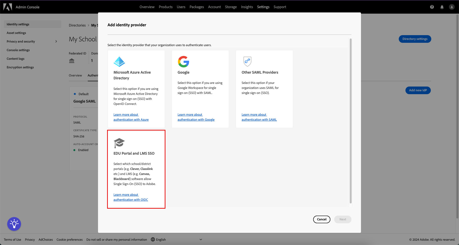 A screen showing add identity provider with Edu Portal and LMS SSO highlighted