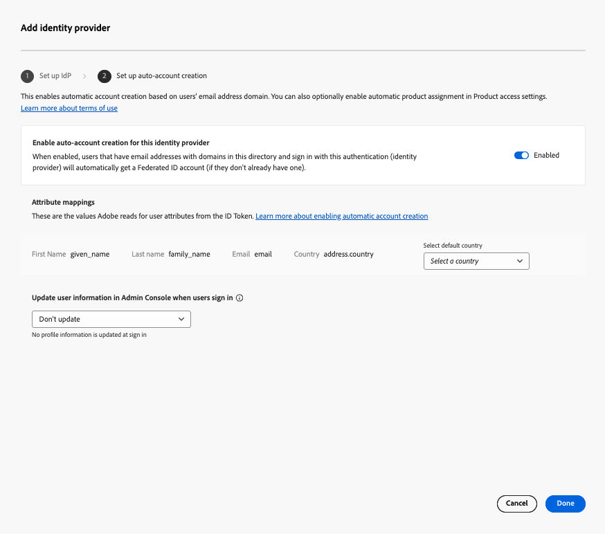 A screen showing the configuration of the selected identity provider
