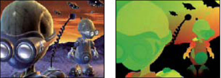 3D Channel Extract effect: Original, with 3D Channel Extract applied using Texture UV