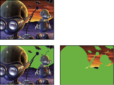 Depth Matte effect: Original, with effect applied, and with effect applied and Invert Alpha selected