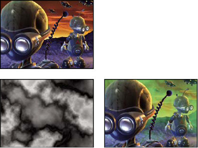 Fog 3D effect: Original, Gradient Layer, and with Fog 3D applied