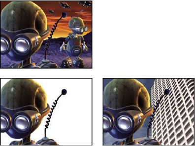 ID Matte effect: Original, with ID Matte applied using the near alien as the ID Selection, and composited over a new background