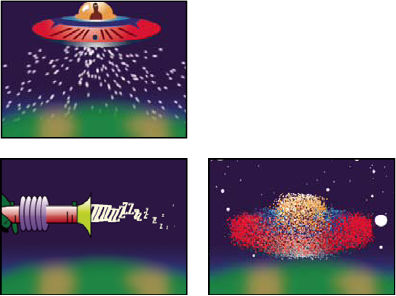Particle Playground effect: Particles shooting out of the spacecraft layer, text characters used as particles shooting out of a ray gun, and Layer Exploder used on spacecraft layer