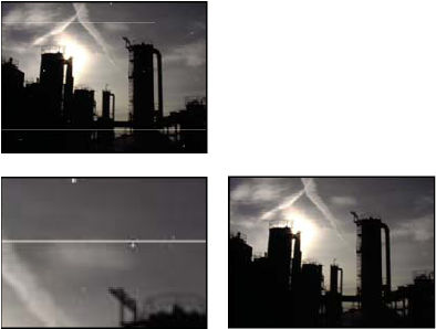 Original image with scratches (upper-left), enlarged view of scratches (lower-left), and scratches removed with loss of clarity (lower-right)