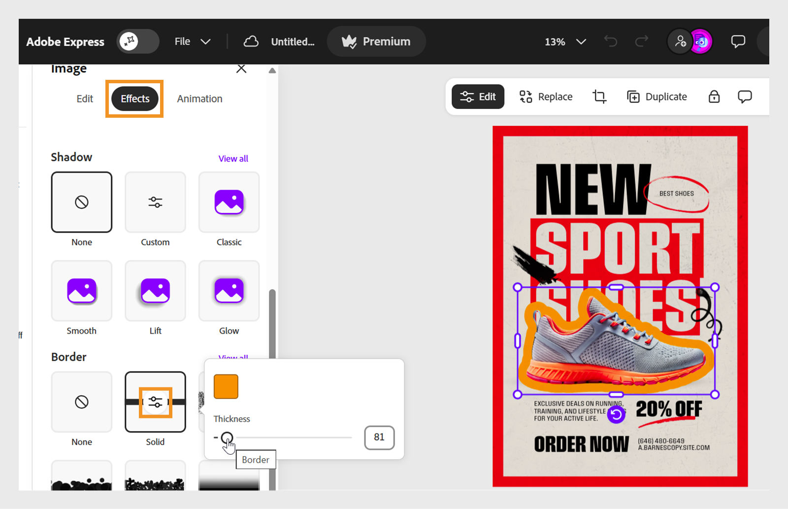 The Effects tab Border section shows styles including None, Solid, Asphalt, Bubble, Floral, and Neon.