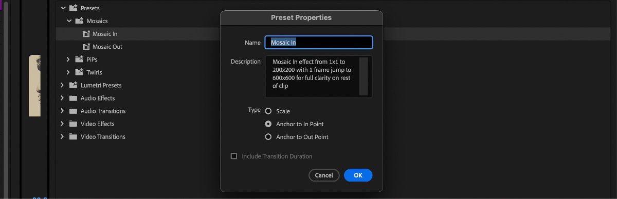 The The Preset Properties dialog box is open and there are preset details that you can adjust.