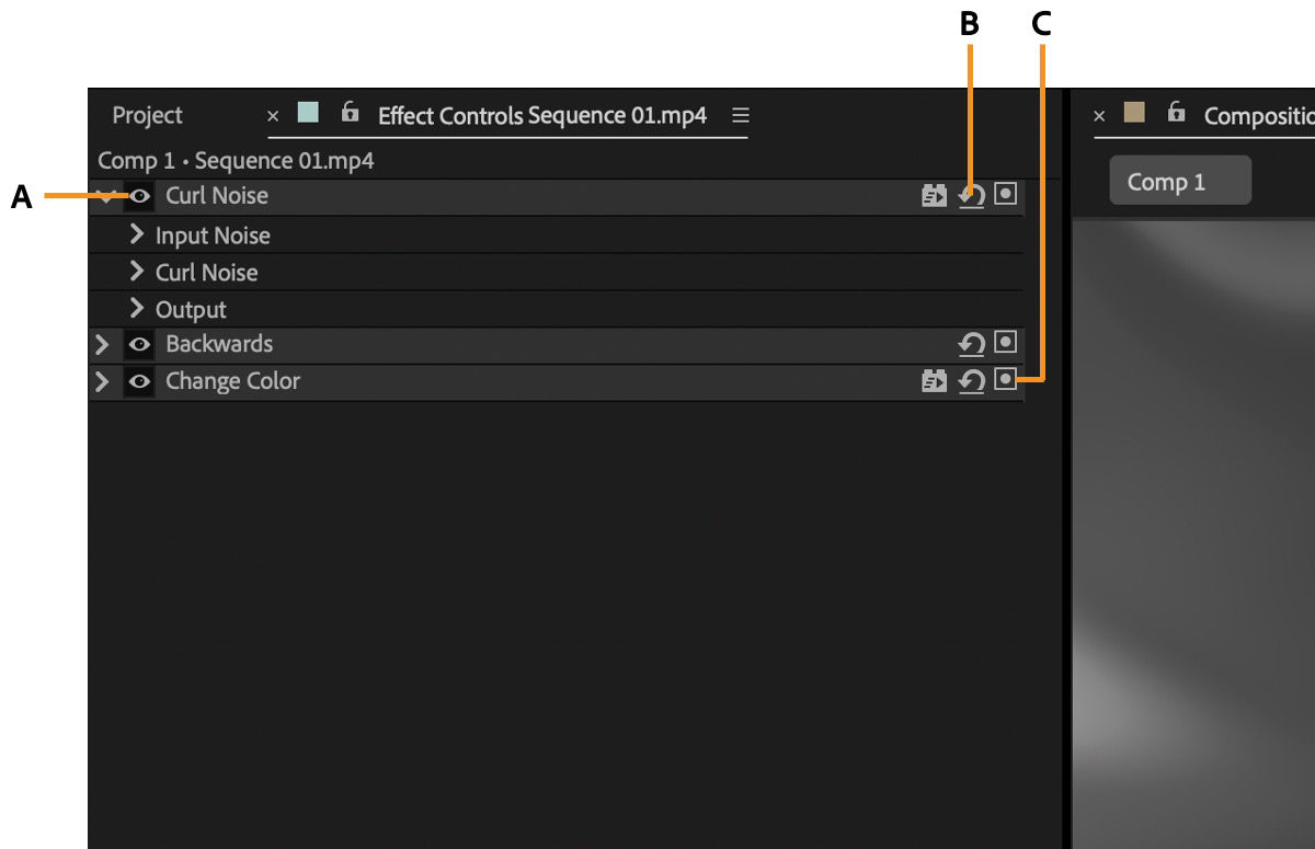 Visual updates in the Effect Controls panel is highlighted.