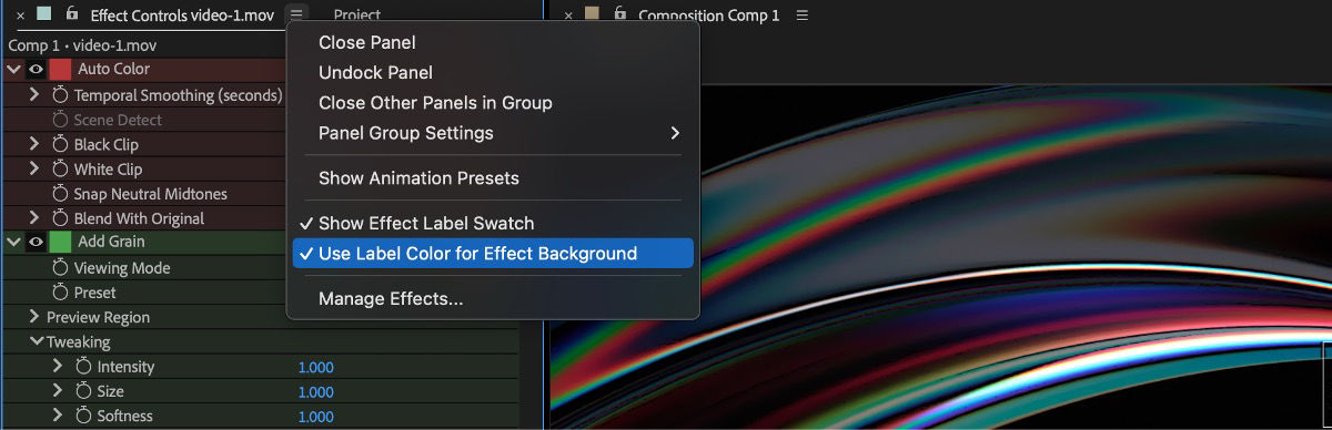 Effect Controls Panel showing multiple effects with tinted row backgrounds in different label colors.
