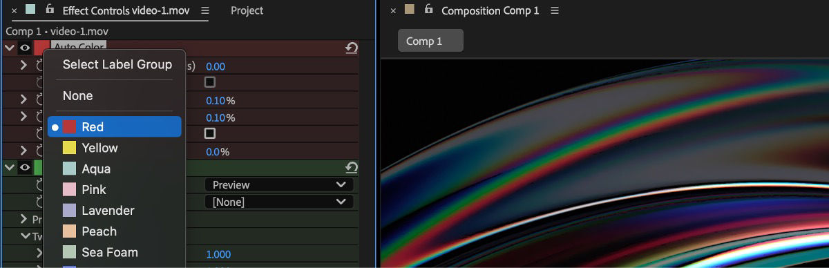 Effect Controls Panel showing a grey square label swatch next to an effect name, with the label picker menu open.