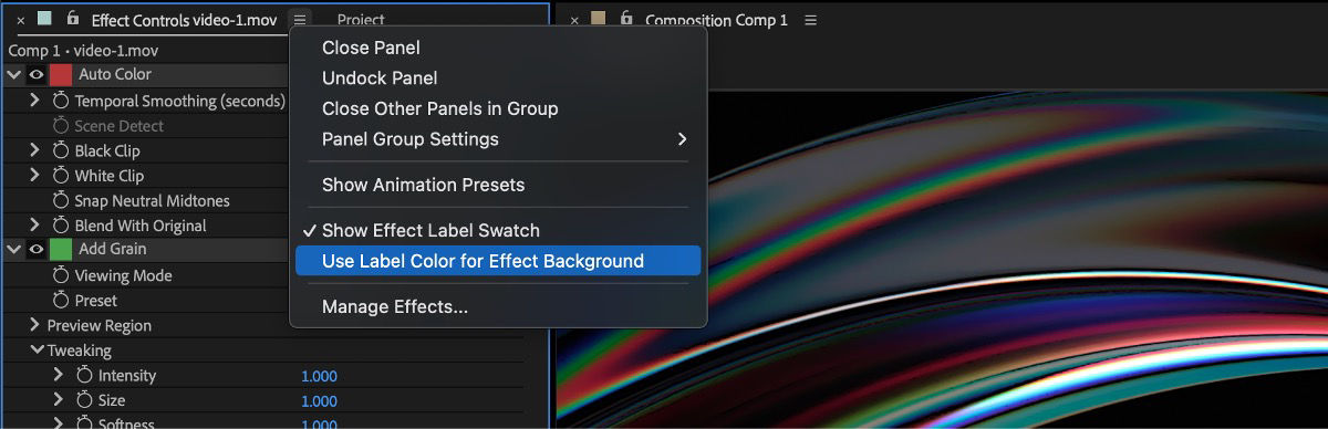 The Effect Controls panel menu is open with Use Label Color for Effect Background highlighted, showing options to control how color labels appear on effects.