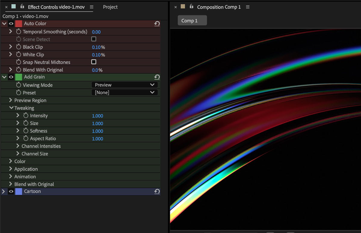 The Effect Controls panel displays three effects — Auto Color, Add Grain, and Cartoon — each with a colored label swatch applied.