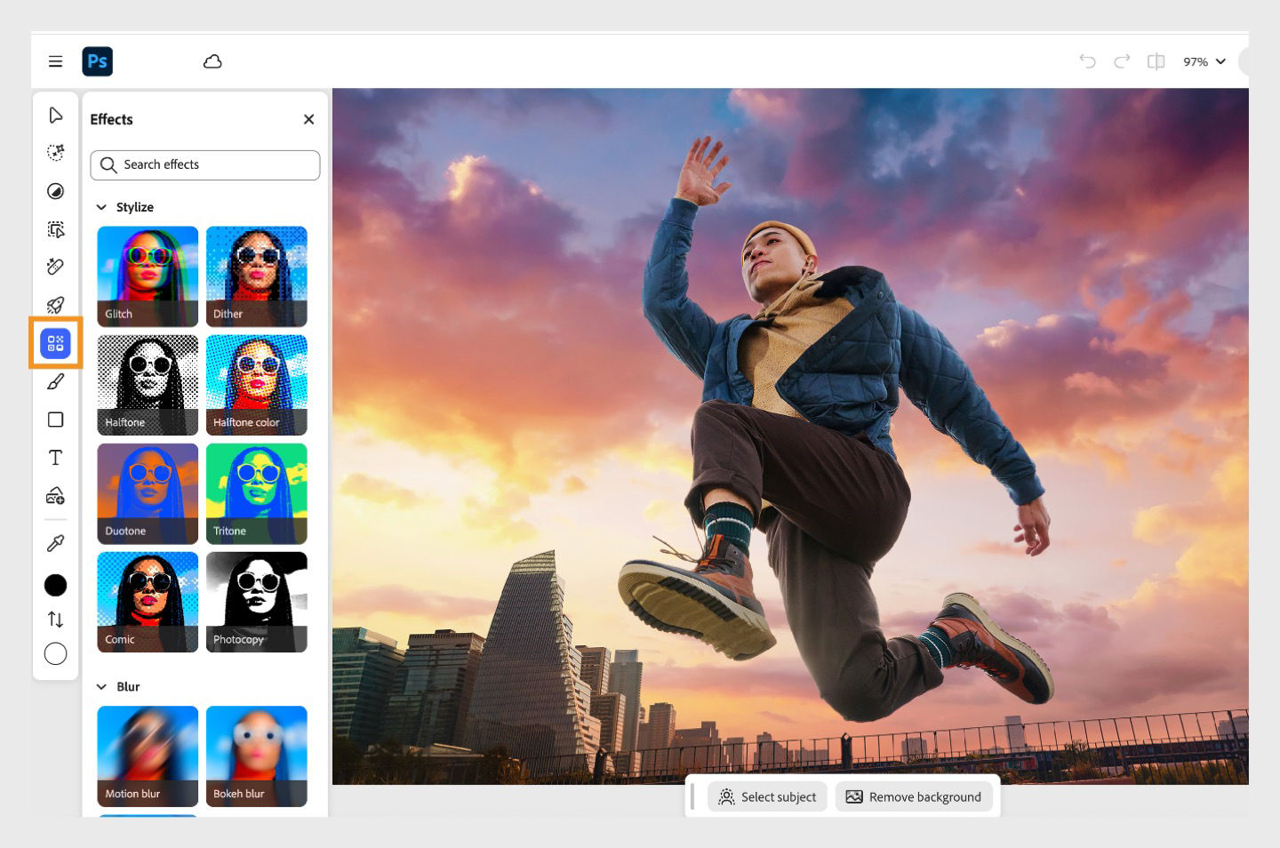 The Effects panel is displayed, showcasing different effects like Glitch, Grain, Dither, Noise, and more.