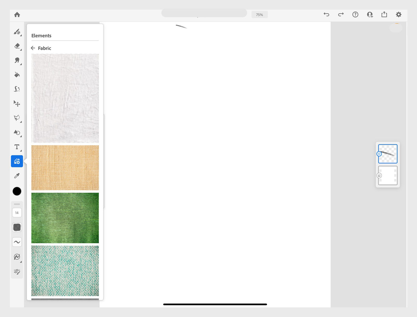 The Elements panel in Adobe Fresco showing fabric texture assets displayed as large thumbnails alongside the canvas.