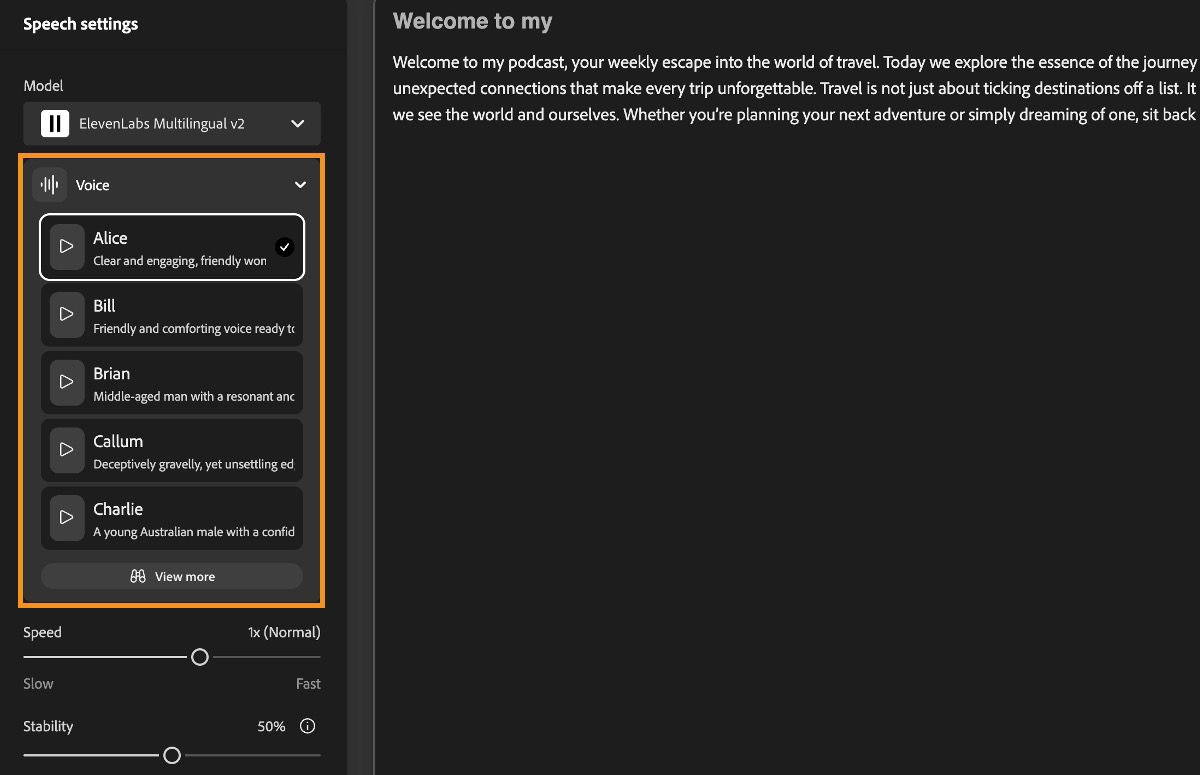 The Textto-speech window on Firefly displays the Speech settings panel with a highlight over the Voice dropdown menu.