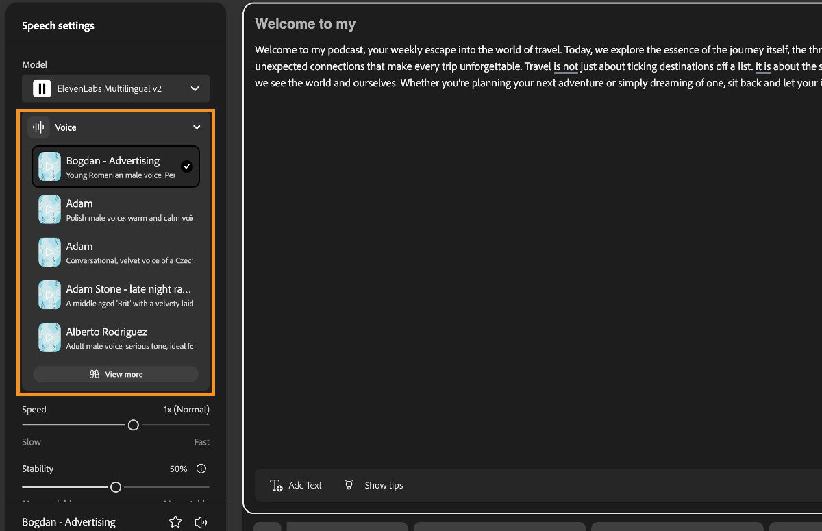 The Textto-speech window on Firefly displays the Speech settings panel with a highlight over the Voice dropdown menu.
