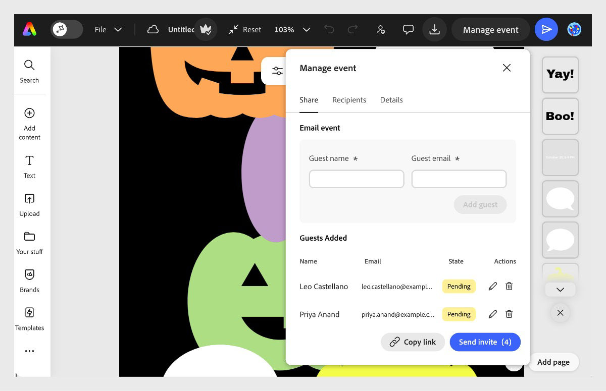 A design open in the Adobe Express editor with the Create events panel open and email addresses plus guest names entereted in the invite.