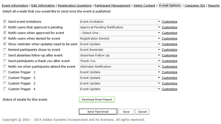 Email options to track email status.