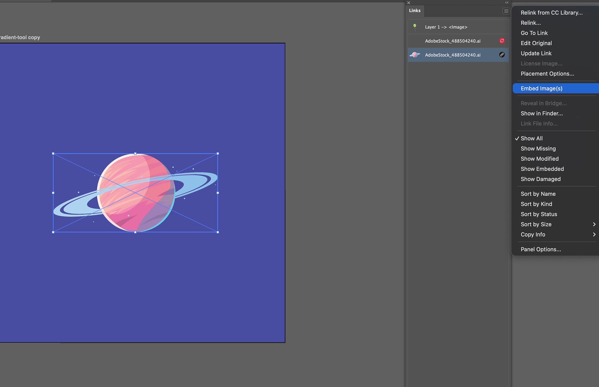 Illustrator Links panel menu showing the Embed Image(s) option for a selected linked image.