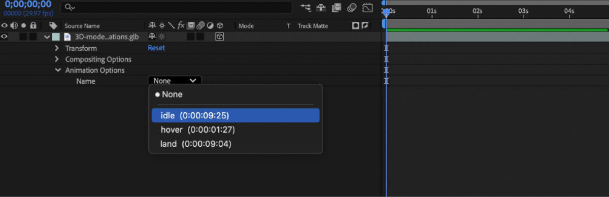 The Animation Options properties is expanded and the Name dropdown is open with an embedded animation called Idle is highlighted.