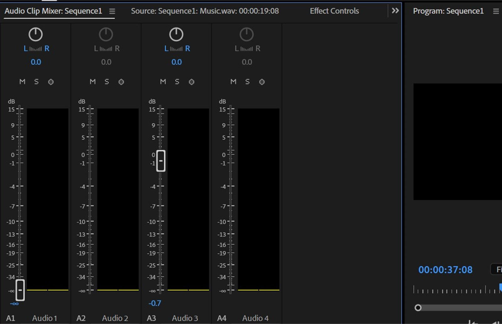  Clip mixer is open and the empty channel A2 is reflecting the Playhead Gap.