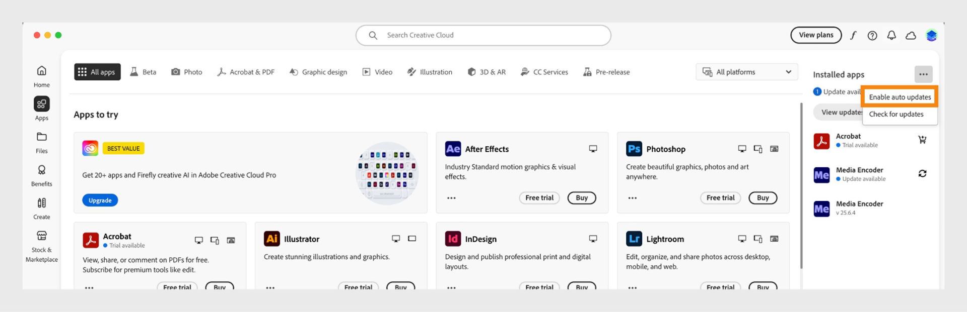 The Apps tab of the Creative Cloud desktop app shows the apps that you can download and the options to enable auto-updates and check for updates on the right panel. 