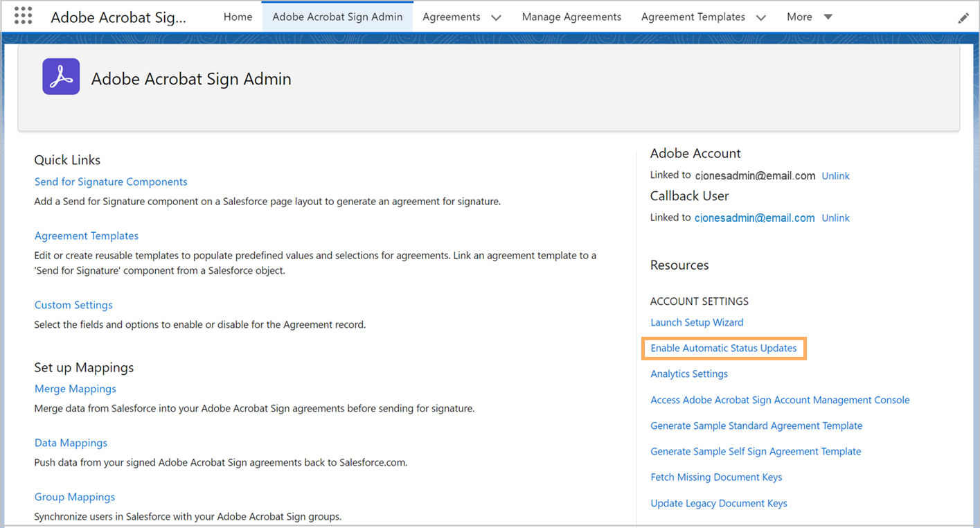 Enable automatic status updates in Acrobat Sign for Salesforce