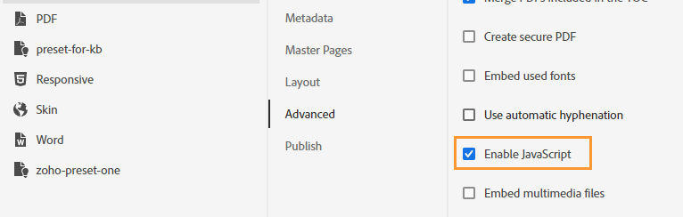 Enable JavaScript in PDF preset