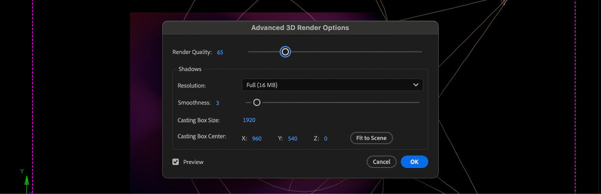 The Advanced 3D Render Options dialog box is open and there are settings that you can adjust for rendering and shadows. The Render Quality is currently set to 65.
