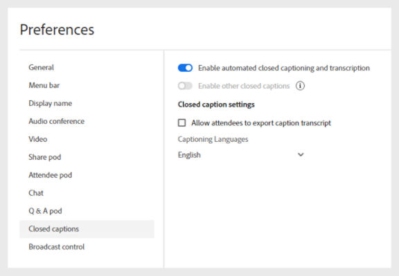 Screenshot of toggle for enabling automated captions and transcriptions
