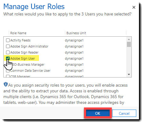 The Manage User Roles pop-up