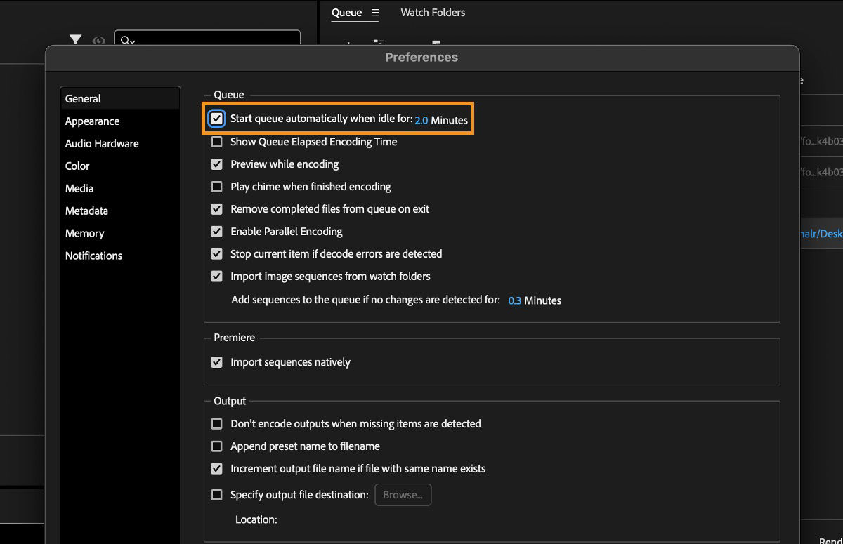 The Preferences dialog box is open and the Start queue automatically when idle for option is checked.