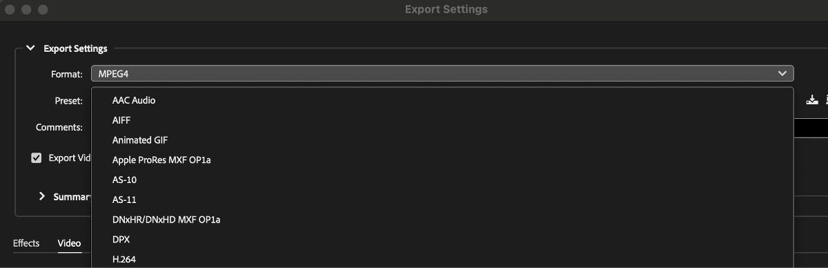 The Export Settings dialog box is open, and under Export Settings, MPEG-4 is selected as the file format.