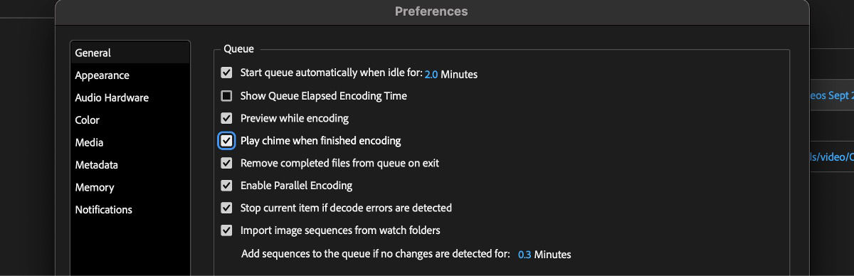 The Preferences dialog box is open, and the Play chime when finished encoding option is selected.