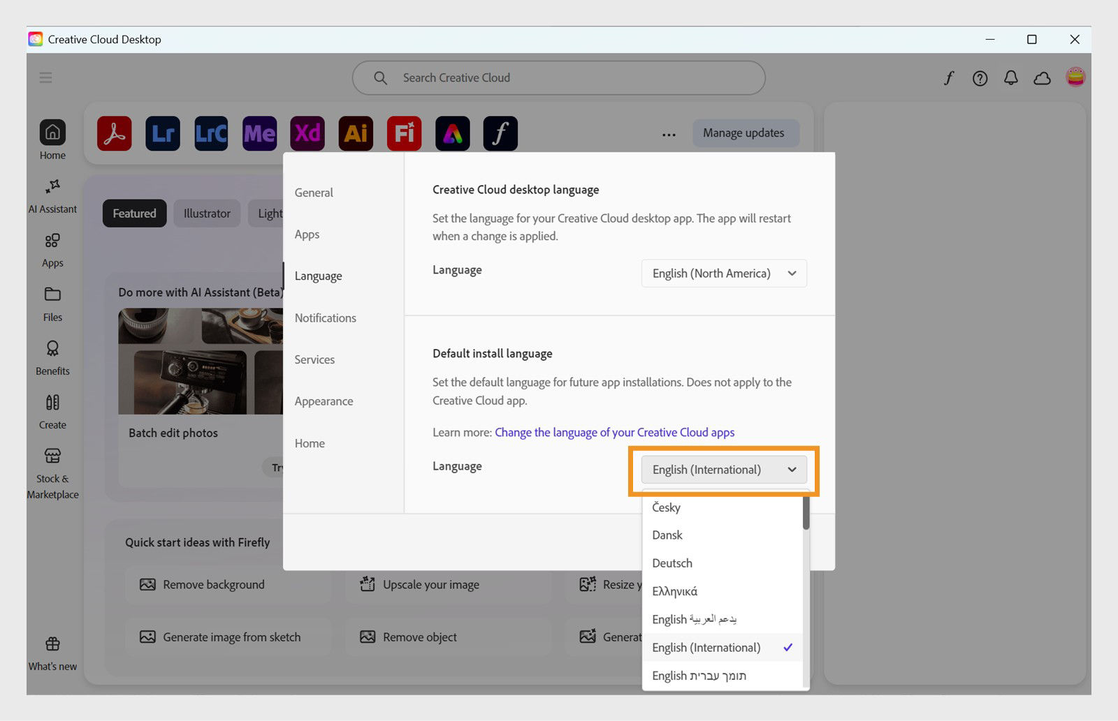 The dropdown menu under Default install language provides the option to change the language for your future app installations. 