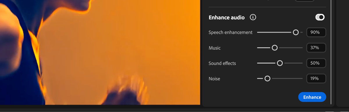 Enhance audio menu shows audio controls with sliders for speech enhancement and background noise reduction.