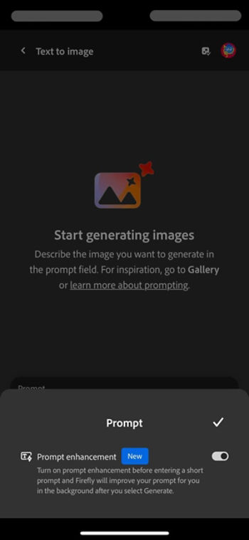 In the Text to image screen, the Prompt enhancement button is highlighted.