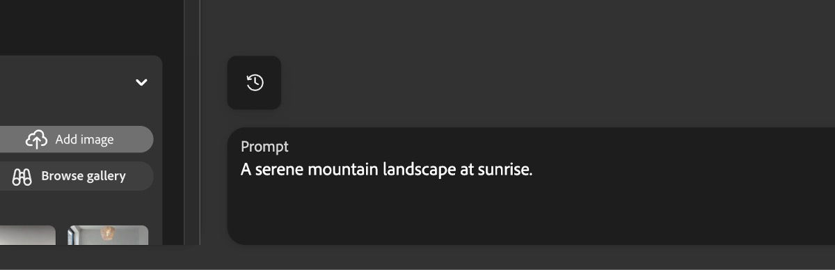 The prompt bar is active, and a text description has been entered for image generation.