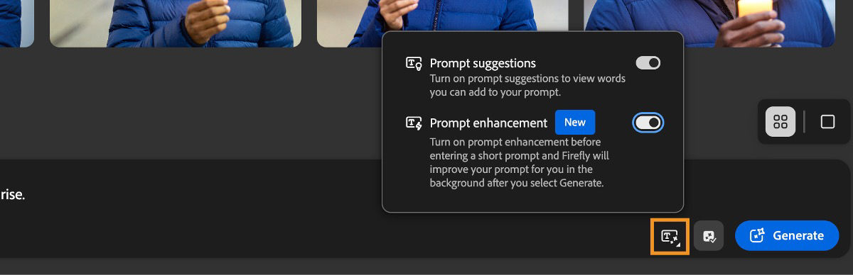 The Prompt feature icon next to the Generate button is selected, and the Prompt enhancement option is enabled by default.