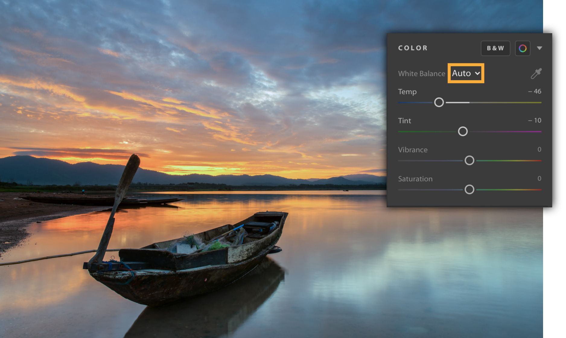 Setting the White Balance to Auto in the Color panel removes the harsh orange tones and shows a pale blue and yellow sky.