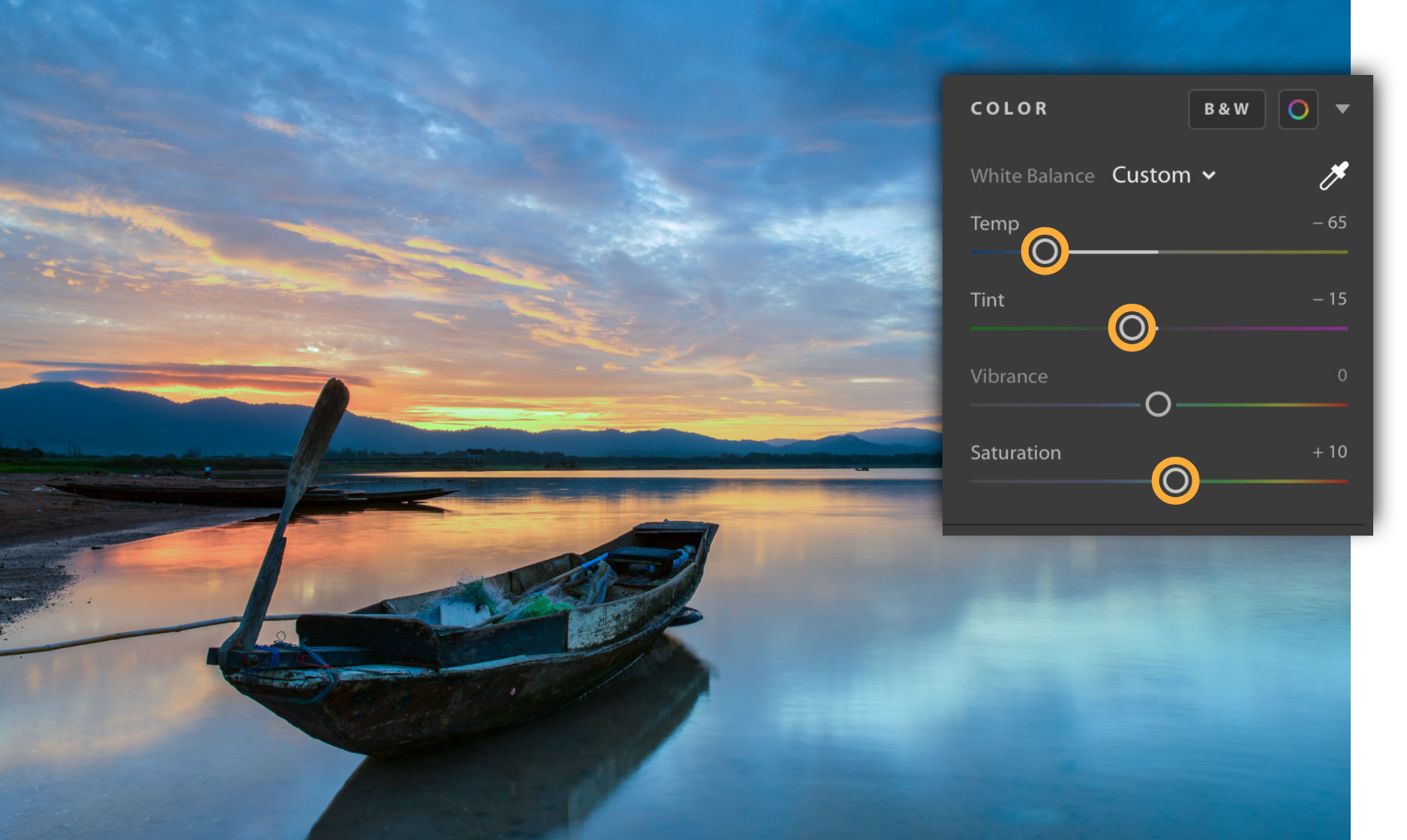 Lowering the Temp and Tint, and slightly raising the Saturation creates a more natural looking sunset. 