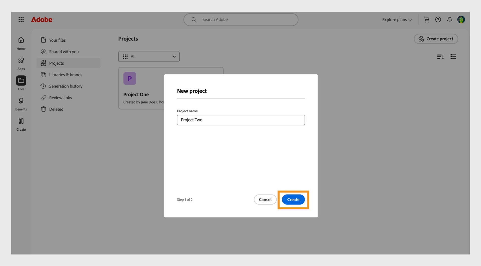 The Create button, available at the bottom-right corner of the New project window, allows you to create a new project after entering a project name. 