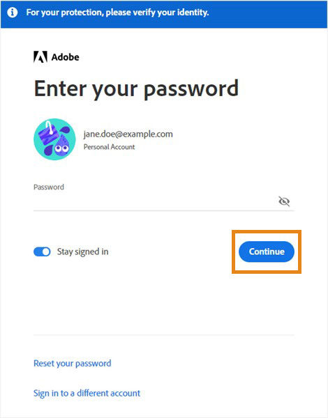 Enter your password to sign in to the Adobe app