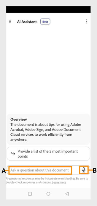 The AI Assistant screen is displayed. The questions field is highlgihted. Ask questions using your keyboard or voice command