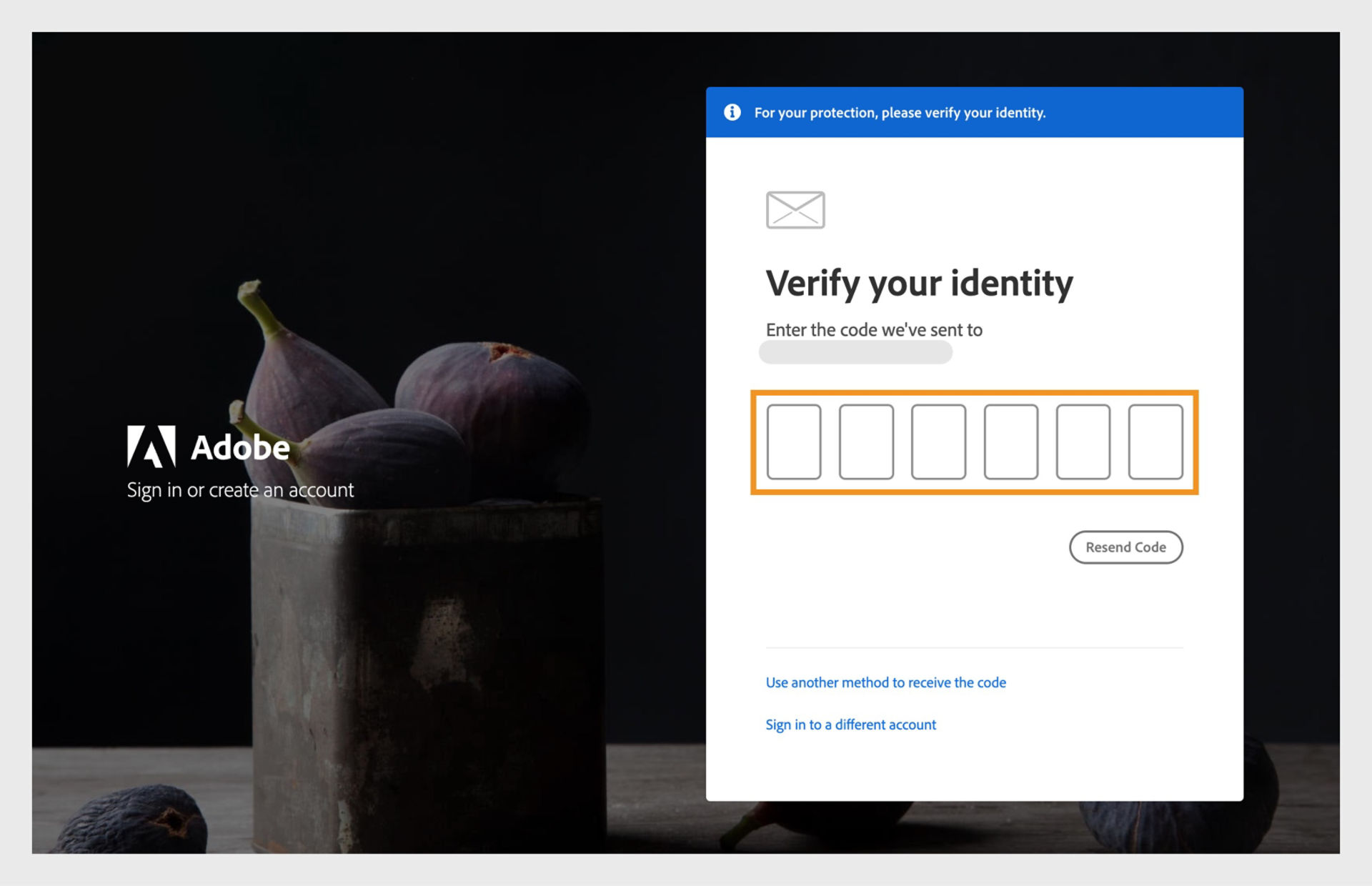 The Verify your identity window with field to enter the email verification code or select Resend code if you do not receive the code. 