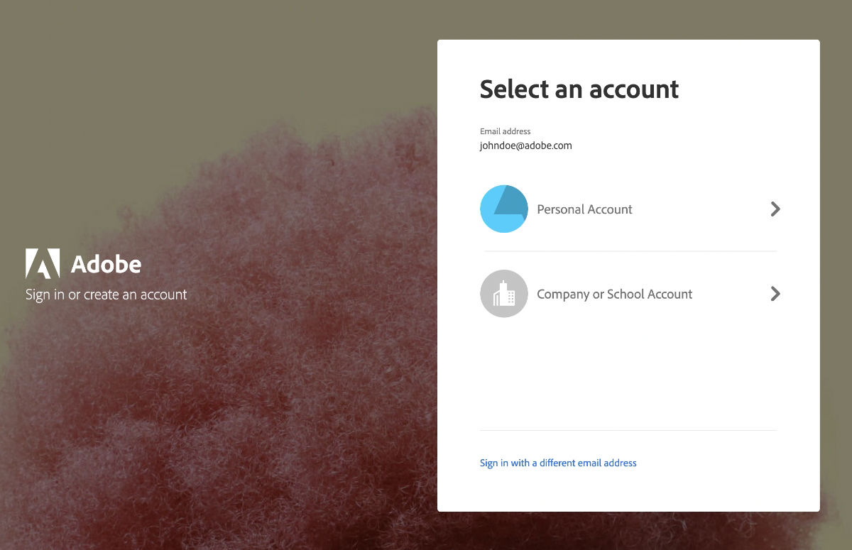 Image displays Adobe Select an account screen with a dialog to select "Personal account" or "Company or school account".