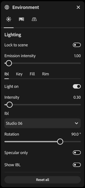 An image of the environment panel with the lighting subpanel selected