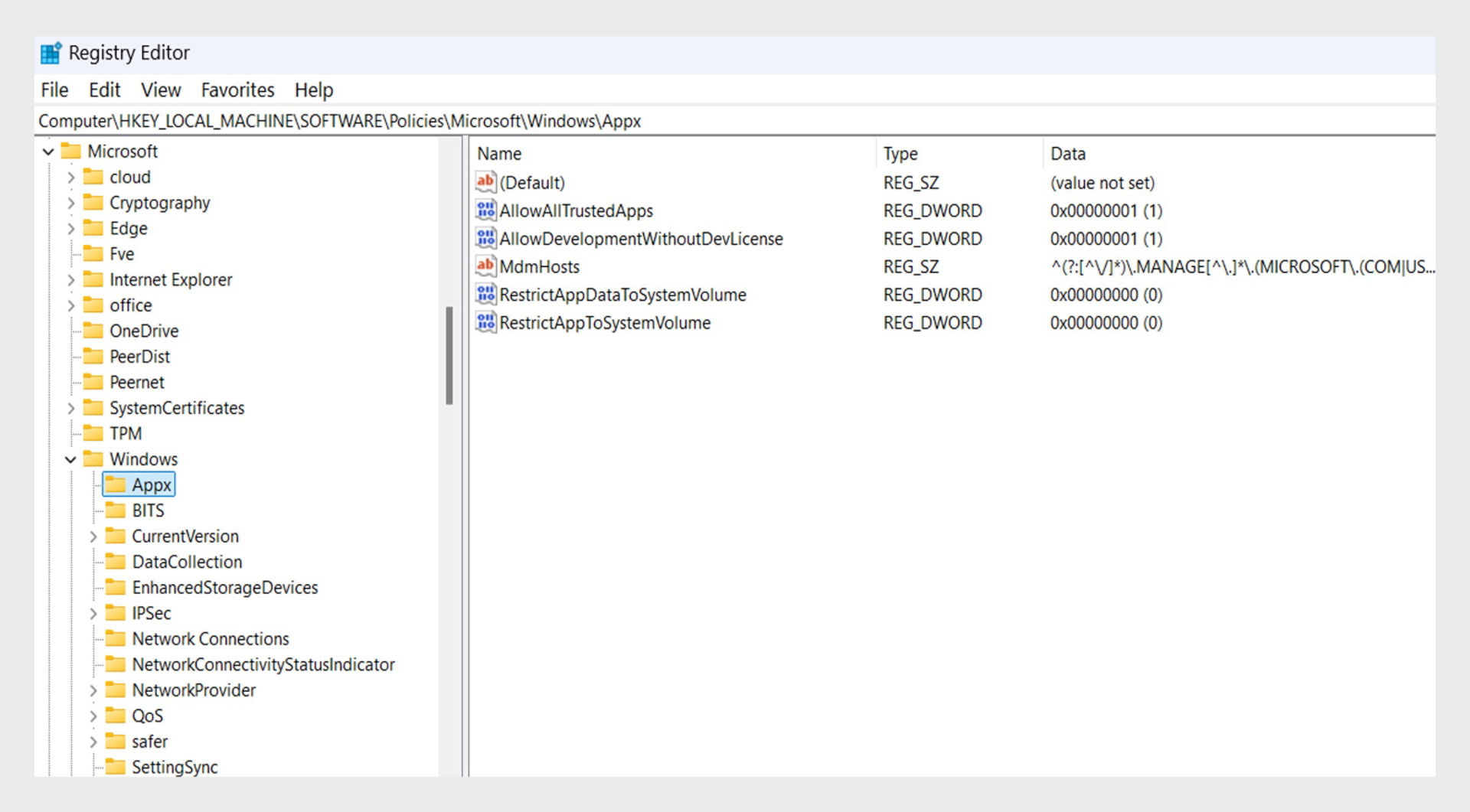 Windows Registry Editor open to the Appx key under HKLM\SOFTWARE\Policies\Microsoft\Windows, displaying registry values.