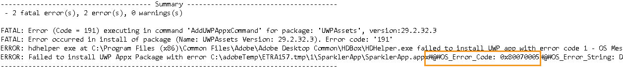 Error log for Error code 191