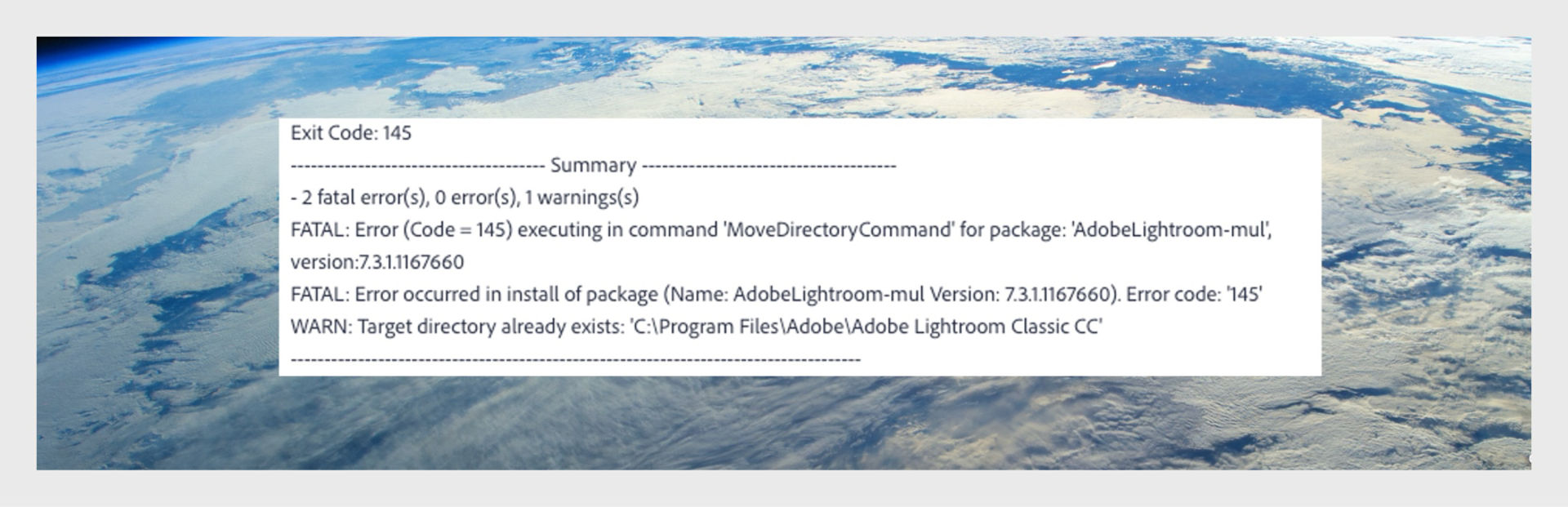 Installer log showing Adobe installation error code 145 with a warning that the target directory already exists.